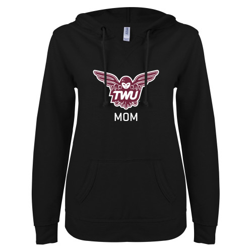  ENZA Womens Black V Notch Raw Edge Fleece Hoodie - Mom Owl TWU