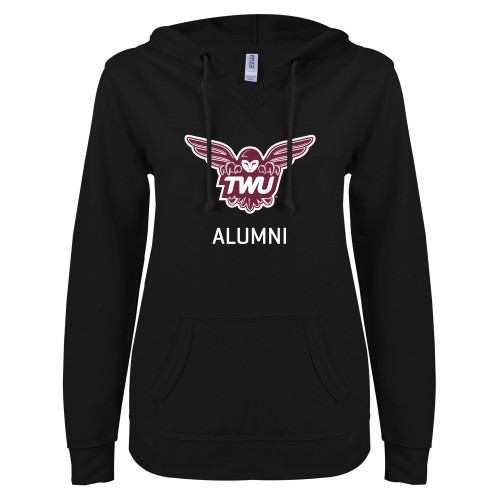  ENZA Womens Black V Notch Raw Edge Fleece Hoodie - Alumni Owl TWU