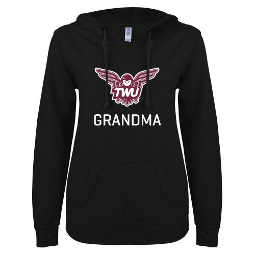  ENZA Womens Black V Notch Raw Edge Fleece Hoodie - Grandma Owl TWU