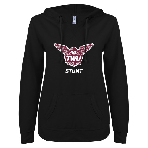  ENZA Womens Black V Notch Raw Edge Fleece Hoodie - STUNT