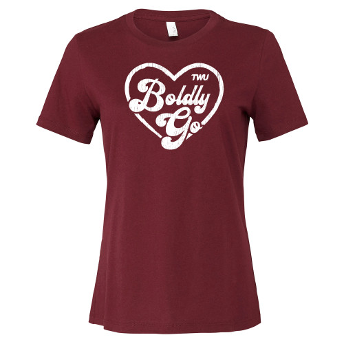  Bella + Canvas Womens Maroon Relaxed Cotton T Shirt - TWU Boldly Go Heart Distressed