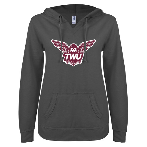  ENZA Womens Dark Heather V Notch Raw Edge Fleece Hoodie - Owl TWU