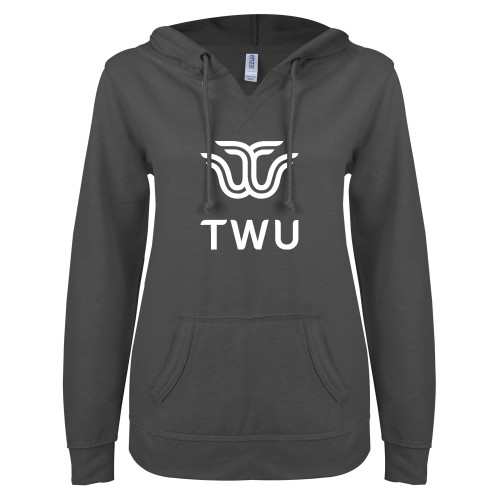  ENZA Womens Dark Heather V Notch Raw Edge Fleece Hoodie - Institutional TWU