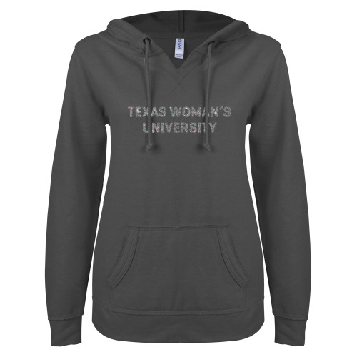  ENZA Womens Dark Heather V Notch Raw Edge Fleece Hoodie - A Silver Soft Glitter