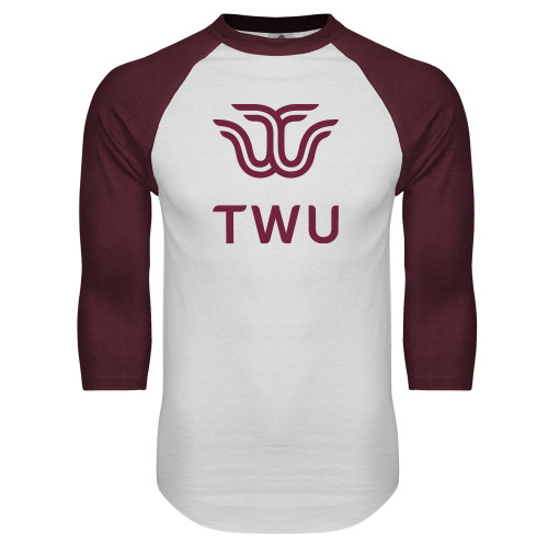  White/Maroon Raglan Baseball T Shirt - Institutional TWU