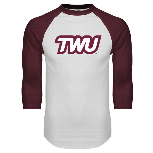  White/Maroon Raglan Baseball T Shirt - TWU Typeface