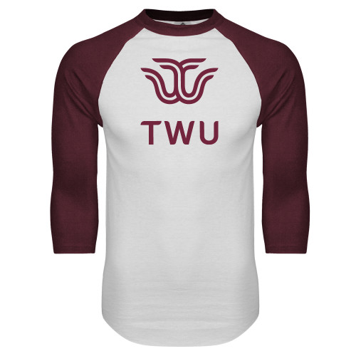  White/Maroon Raglan Baseball T Shirt - Institutional TWU