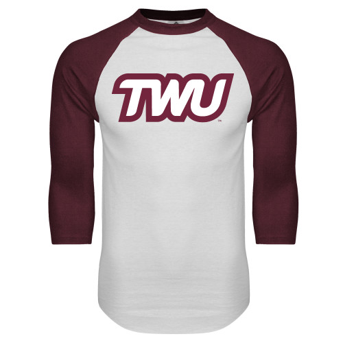  White/Maroon Raglan Baseball T Shirt - TWU Typeface