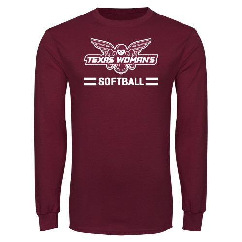  Maroon Long Sleeve T-Shirt - Softball Owl Graphic