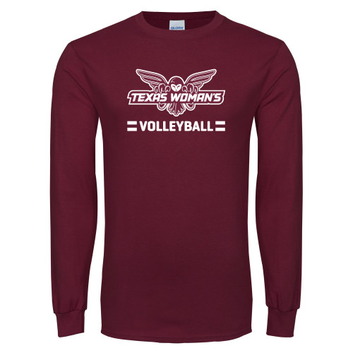  Maroon Long Sleeve T-Shirt - Volleyball Owl Graphic
