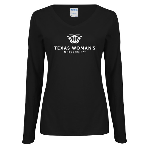  Womens Black Long Sleeve V Neck Tee  - Institutional Logo