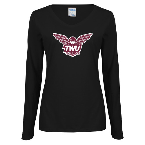  Womens Black Long Sleeve V Neck Tee  - Owl TWU
