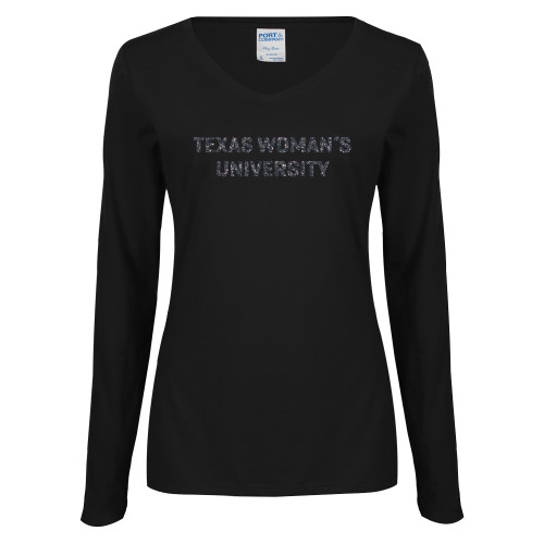  Womens Black Long Sleeve V Neck Tee  - F Graphite Soft Glitter