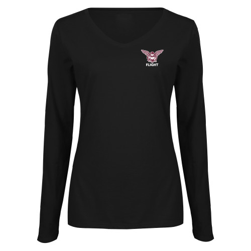  Womens Black Long Sleeve V Neck Tee  - Owl TWU Flight
