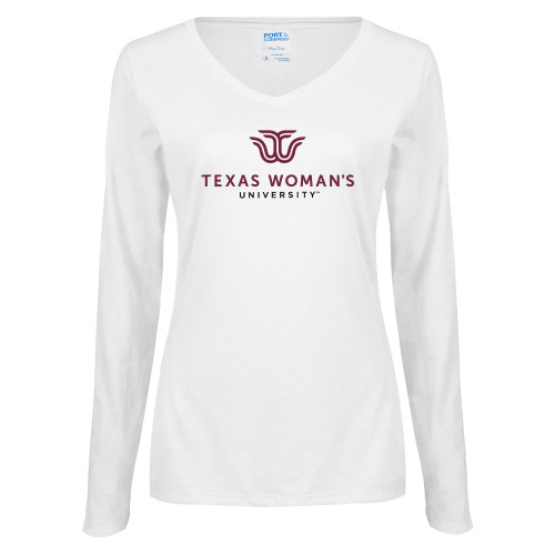  Womens White Long Sleeve V Neck Tee - Institutional Logo