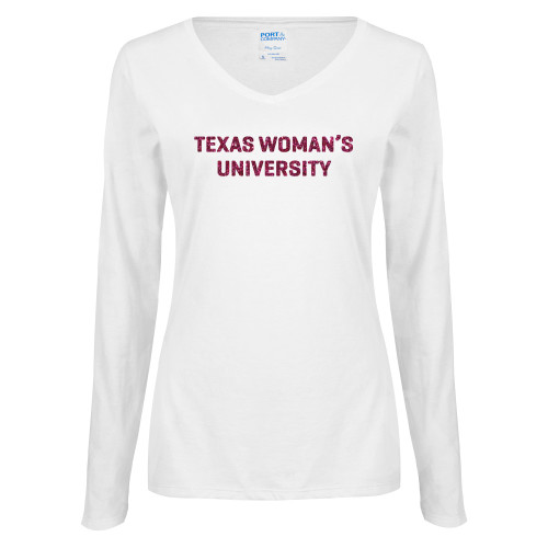  Womens White Long Sleeve V Neck Tee - M Hot Pink Glitter