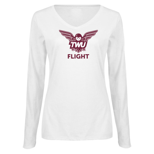  Womens White Long Sleeve V Neck Tee  - Owl TWU Flight