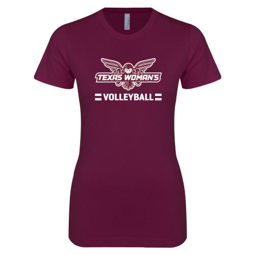  Next Level Womens Maroon Boyfriend Tee - Volleyball Owl Graphic