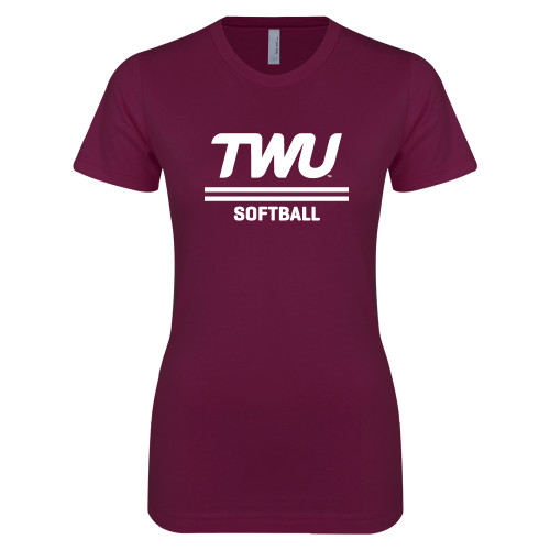  Next Level Womens Maroon Boyfriend Tee - Softball TWU Typeface