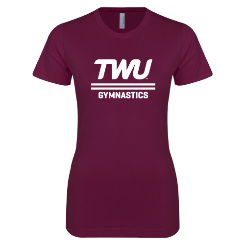  Next Level Womens Maroon Boyfriend Tee - Gymnastics TWU Typeface