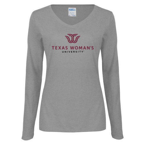  Womens Grey Long Sleeve V Neck Tee  - Institutional Logo