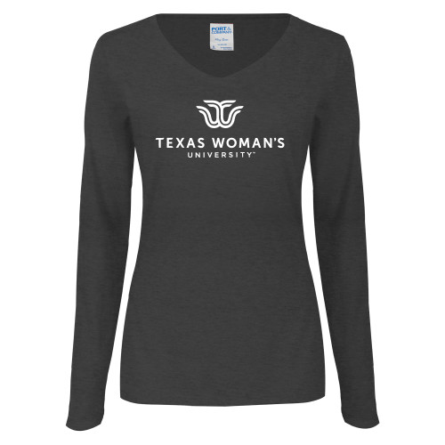  Womens Dark Heather Long Sleeve V Neck Tee  - Institutional Logo