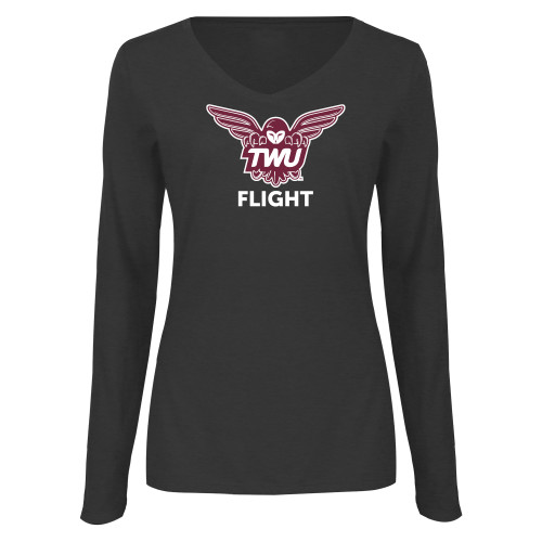  Womens Dark Heather Long Sleeve V Neck Tee  - Owl TWU Flight