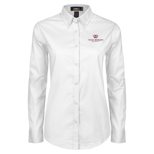  Womens White Twill Button Down Long Sleeve - Institutional Logo