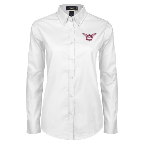  Womens White Twill Button Down Long Sleeve - Owl TWU