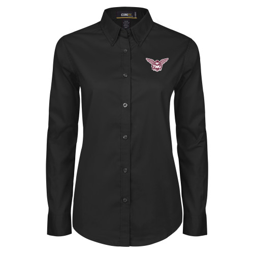  Womens Black Twill Button Down Long Sleeve  - Owl TWU