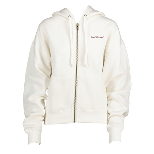  ENZA Womens White Boxy Full Zip Hood - Texas Womans Script Chainstitch