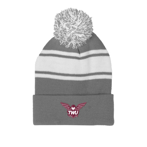  Grey/White Two Tone Knit Pom Beanie w/Cuff - Owl TWU