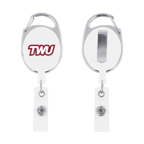  White Oval Retractable Badge Holder w/Clip - TWU Typeface