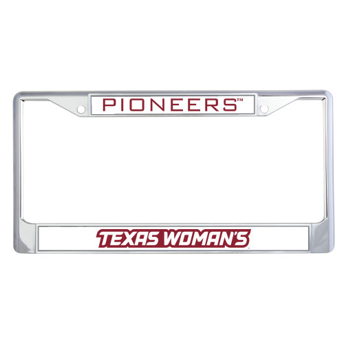  Metal License Plate Frame in Chrome - Texas Womans Typeface