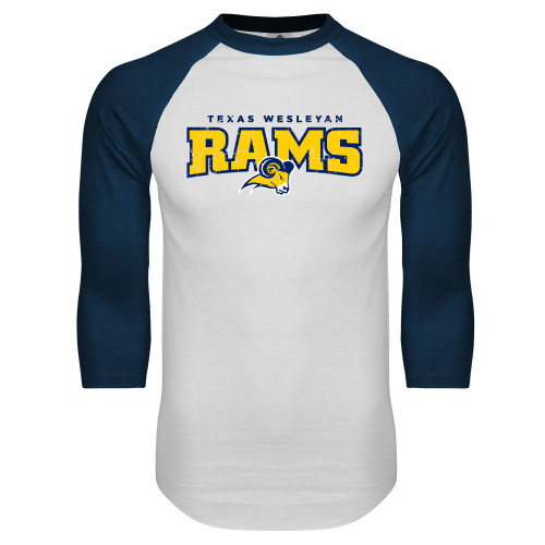  White/Navy Raglan Baseball T Shirt - Primary Mark Distressed