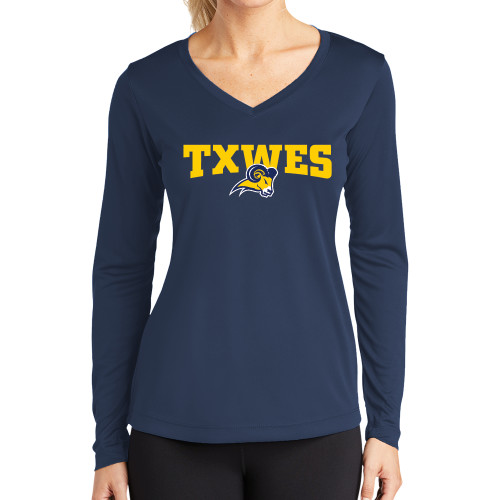  Womens Navy Performance Long Sleeve V Neck Shirt - Secondary Mark