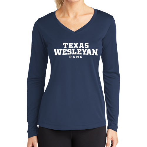  Womens Navy Performance Long Sleeve V Neck Shirt - Texas Wesleyan Rams
