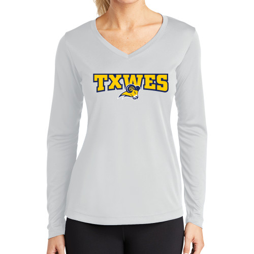  Womens White Performance Long Sleeve V Neck Shirt - Secondary Mark