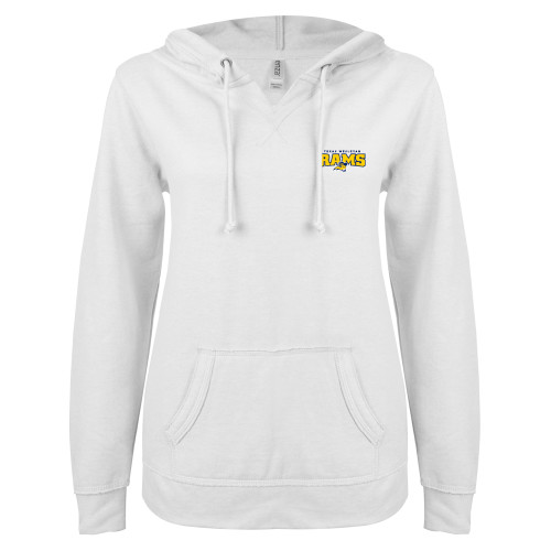  ENZA Womens White V Notch Raw Edge Fleece Hoodie - Primary Mark