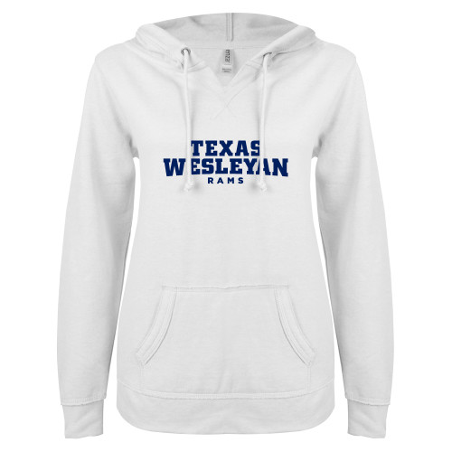  ENZA Womens White V Notch Raw Edge Fleece Hoodie - Texas Wesleyan Rams