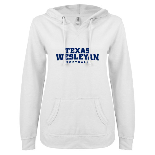 ENZA Womens White V Notch Raw Edge Fleece Hoodie - Softball