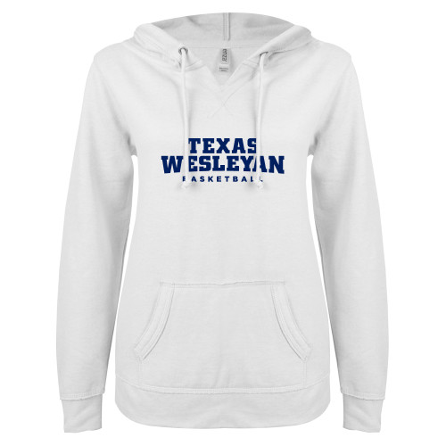  ENZA Womens White V Notch Raw Edge Fleece Hoodie - Basketball