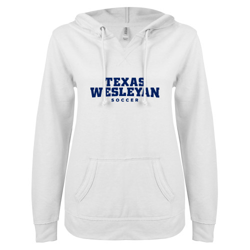  ENZA Womens White V Notch Raw Edge Fleece Hoodie - Soccer