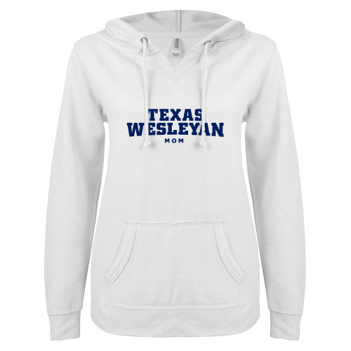  ENZA Womens White V Notch Raw Edge Fleece Hoodie - Mom