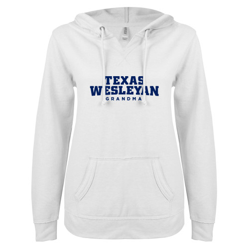  ENZA Womens White V Notch Raw Edge Fleece Hoodie - Grandma