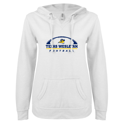  ENZA Womens White V Notch Raw Edge Fleece Hoodie - Football Design