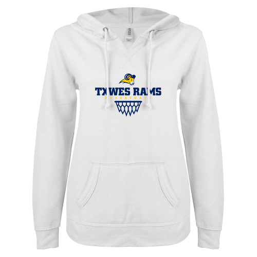  ENZA Womens White V Notch Raw Edge Fleece Hoodie - Basketball Design