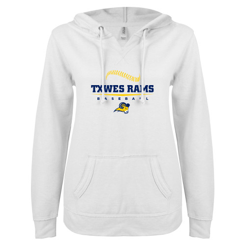  ENZA Womens White V Notch Raw Edge Fleece Hoodie - Baseball Design