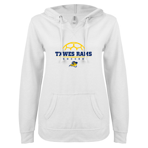  ENZA Womens White V Notch Raw Edge Fleece Hoodie - Soccer Design