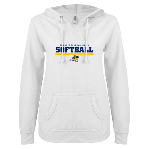  ENZA Womens White V Notch Raw Edge Fleece Hoodie - Softball Design